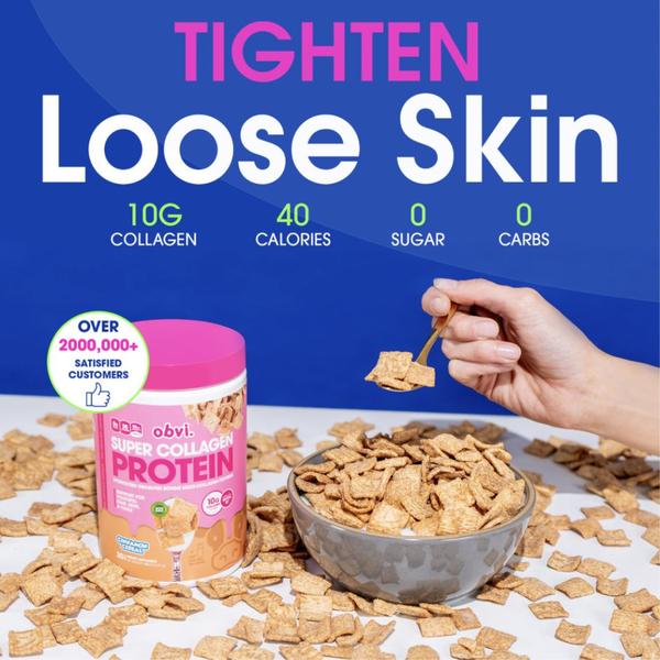 A high-contrast 1:1 image featuring a bowl of cereal and product packaging, using bold text overlays to highlight core product nutritional benefits.